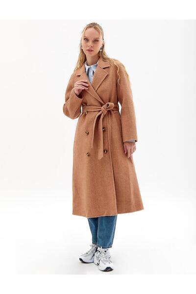 Kayra Premium Yün Reglan Kol Kuşaklı Kaban Camel