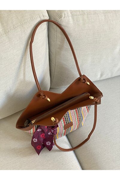 BAGLOVİS New Season Women's Shoulder Bag with Scarf and Corn Detail