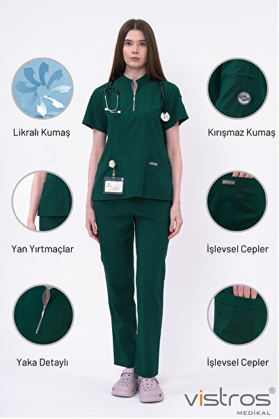 Vistros Medikal Lüks Dik Yaka Yüksek Kaliteli Likralı Zümrüt Scrubs Hemşire Doktor Üniforma (Alt-Üst) V-010