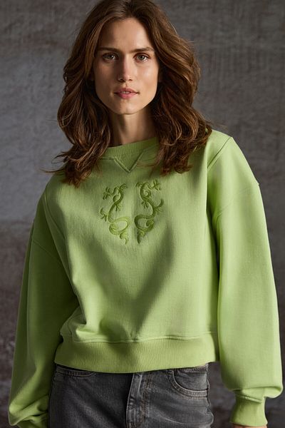 GRIMELANGE Fann Women's Embroidery Detailed Soft Fabric Knitted 3 Thread Organic Cotton Light Green Sweatshirt