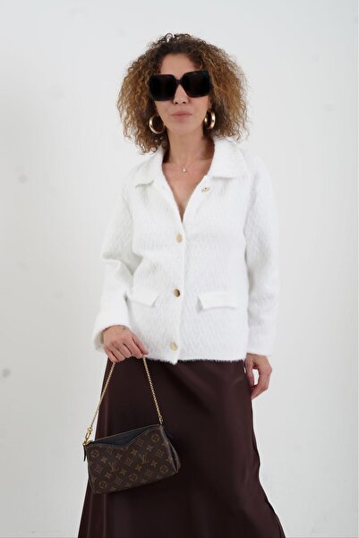 Zelish My Sister Ecru Premium Tona Tone Patterned Knitwear Jacket