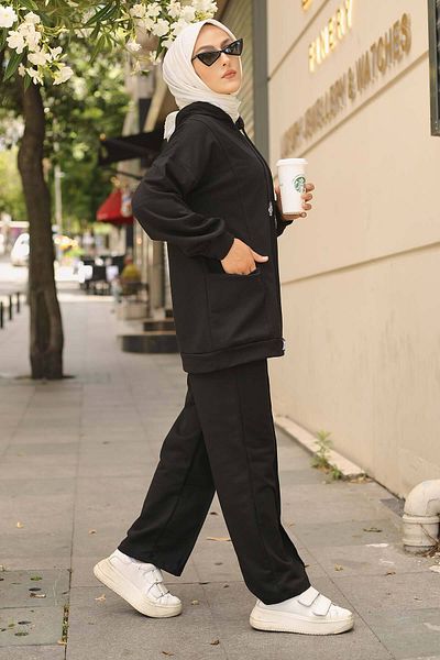 İmajButik Black Two Thread Hijab Set with Label on the Front
