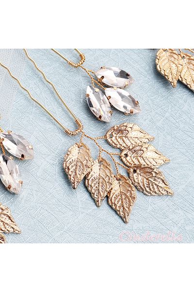 Cinderella 6-Piece Hairpin Set With Gold Leaf Crystal Rhinestones For Bride And Wedding - For Engagement And Wedding