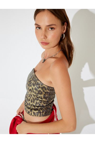 Koton X Inji - Στράπλες Leopard Sequined Slim Fit Crop βραδινή μπλούζα