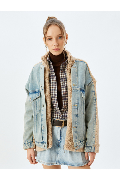 Koton Jachetă de pluș cu guler cu nasturi, cu buzunare, țesătură din denim
