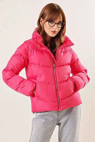 hazelin Pink Women's down Jacket with Stand Collar and Drawstring Waist - Hzl25W-Bd 131791
