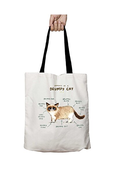 ART HEDİYE Grumpy Cat Cat Anatomy Washable School Shoulder Bag with Black Han...