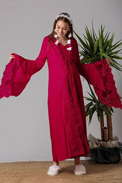 ByLohusa Effortt Vişne Sabahlıklı Hamile Lohusa Gecelik Takım