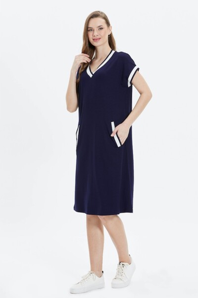 Selen Giyim Yakası ve Fleto Cebi Ribanalı Penye Elbise