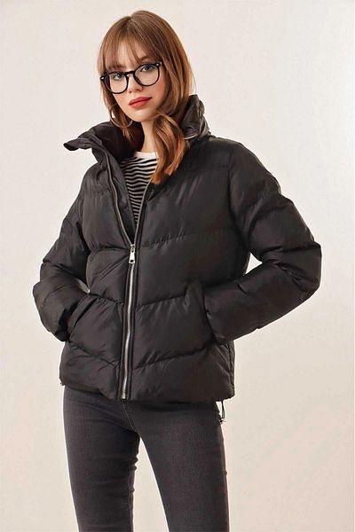 hazelin Black Waist Drawstring down Jacket - Stand Collar Hzl25W-Bd 131791