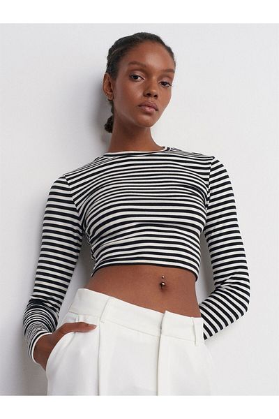 Dilvin 31232 Striped Long Sleeve Crop Top-Ecru-Black