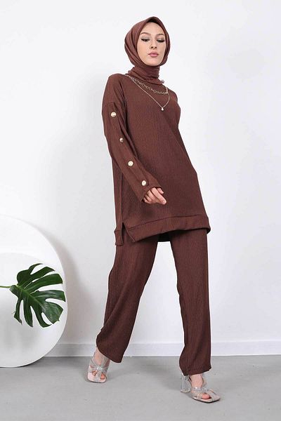 İmajButik Καφέ Σετ Παντελόνι με κολιέ και κουμπιά μανίκια