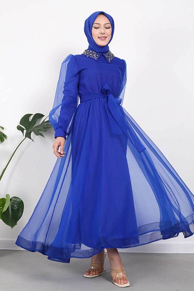 İmajButik Βραδινό φόρεμα Saks Blue Collar Stone Balloon Sleeve