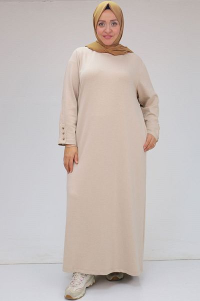 Eslina 42031 Μπεζ φόρεμα Osyho Plus Size - με τσέπες και πατιλέτα