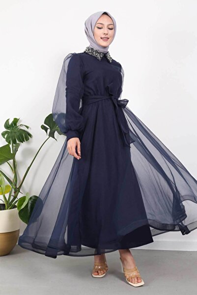İmajButik فستان سهرة بأكمام بالون من الحجر الأزرق الداكن
