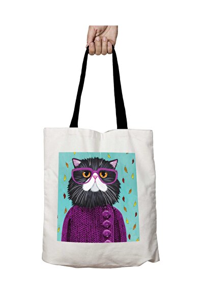 ART HEDİYE Black Handle Hippie Cat Cat Glasses Washable School Shoulder Bag