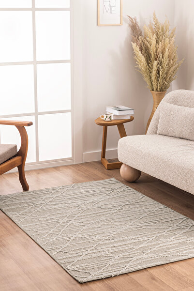 Koza Halı Alba Bej Krem Geometrik Çizgili Tozumaz Salon Koridor Balkon Teras ...