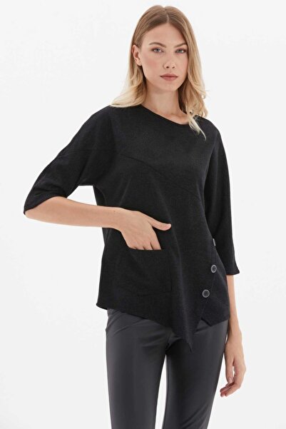 Selen Giyim Yanı Düğmeli Kendinden Simli Triko Bluz