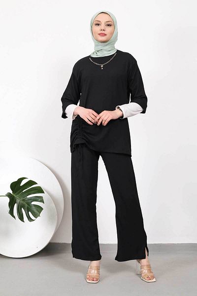 İmajButik Μαύρο κοστούμι περιτυλίγματος με μαζεμένο κολιέ