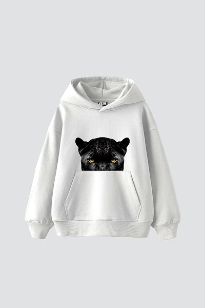 Bak Moda Black Panther Eyes Printed Oversize Unisex Premium White Hoodie