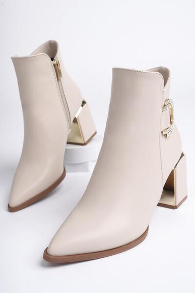 MUGGO Qadra Garantili Sivri Burun Kalın Topuklu Toka Detaylı Fermuarlı Kadın Bot