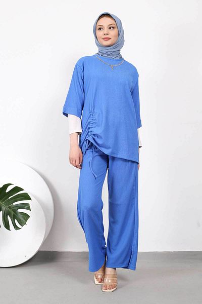 İmajButik Μπλε κοστούμι περιτυλίγματος Saks με μπροστινό κολιέ