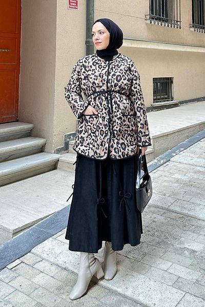 lamelif Palton matlasat cu model leopard - Detaliu buzunar frontal