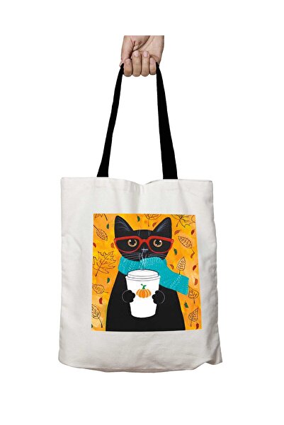 ART HEDİYE Cat Drinking Coffee Cat Cat Washable School Shoulder Bag with Blac...