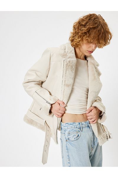 Koton Leather Look Faux Fur Zippered Biker Jacket