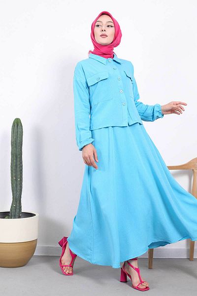 İmajButik Turquoise Double Pocket Skirt Linen Suit
