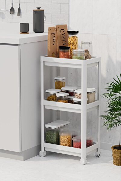 Bayev Peggy Beyaz Geniş 3 Katlı Çok Amaçlı Mutfak Erzak Banyo Raf Ünitesi Tek...