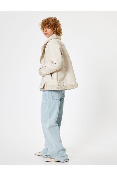 Koton Leather Look Faux Fur Zippered Biker Jacket