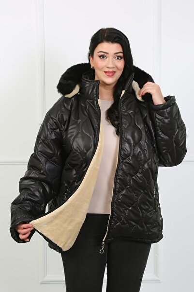 By Alba Collection Women's Black Woolen Quilted Plus Size Coat