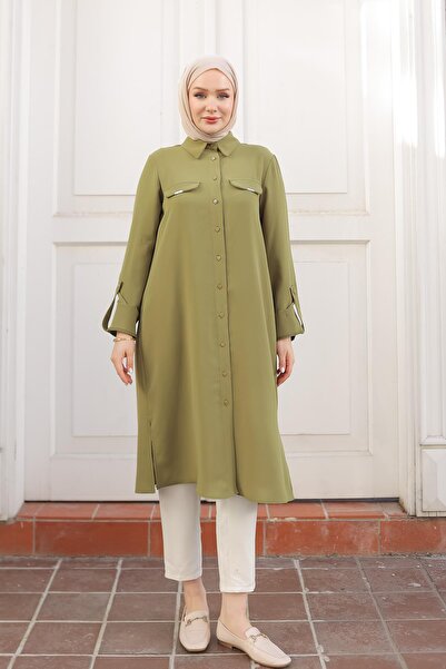 Armine TREND Gömlek Yaka Cep Detaylı Düğmeli Tunik-Yağ Yeşili 24KT475