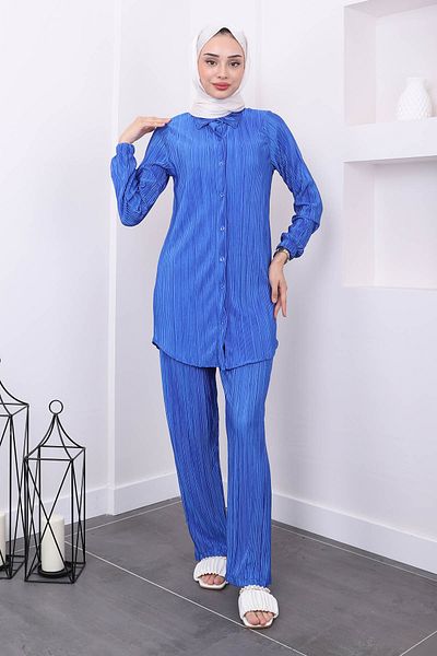 İmajButik طقم تونيك وبنطلون أزرق مطوي من ساكس - أكمام مطاطية