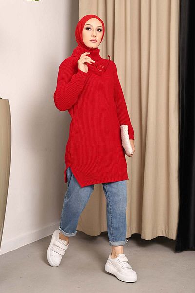 İmajButik Claret Κόκκινο ζιβάγκο Πλεκτό τουνίκ γιακά με σκίσιμο