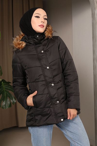 İmajButik Black Hooded Zippered Lined Puffer Coat