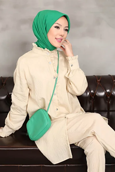 İmajButik Beige Ruffle Tunic Trousers Set