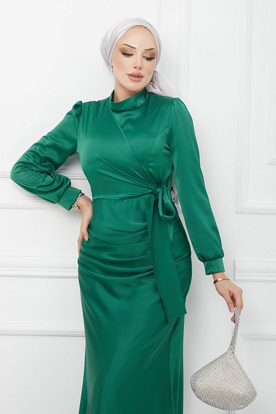 İmajButik Σμαραγδένιο Πράσινο Σατινέ βραδινό φόρεμα με λεπτομέρειες
