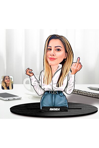 Bk Gift Kişiye Özel Orta Parmak Karikatürlü Ahşap Biblo-2, Arkadaşa Hediye, S...