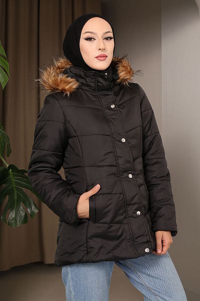 İmajButik Black Hooded Zippered Lined Puffer Coat