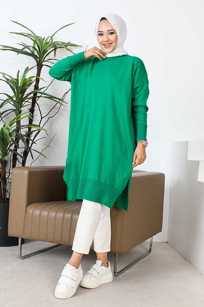 İmajButik Green Crew Neck Mercerized Loose Knitwear Tunic