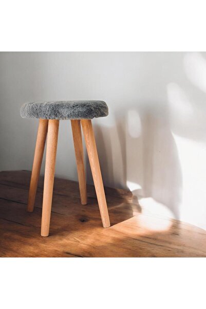 Taşkale Gürgen Ahşap Retro Ayak Dekoratif Antrasit Pelüş Puf Tabure Bench Koltuk Sandalye