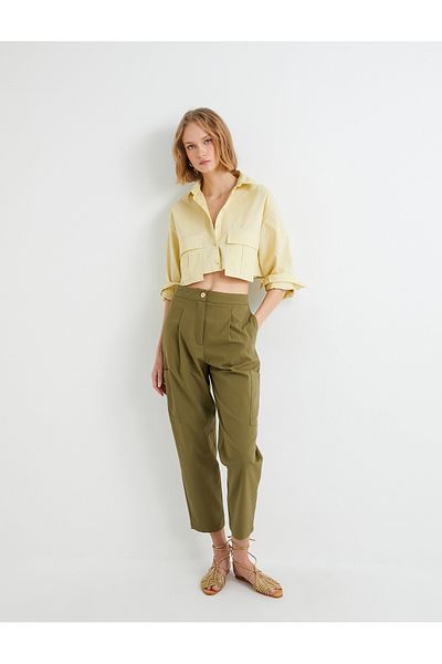 Koton Crop Poplin Shirt Cargo Pocket Buttoned Long Sleeve Cotton