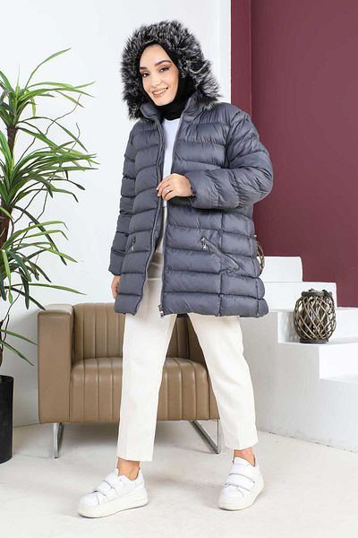 İmajButik Gray Plus Size Hooded Short Puffer Coat
