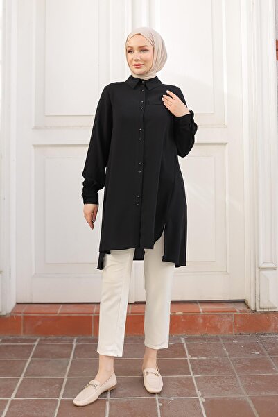 Armine TREND Gömlek Yaka Düğmeli Tunik-Siyah 24KT444
