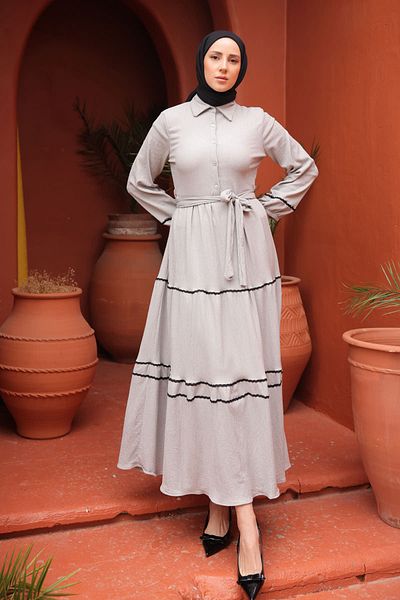İmajButik Gray Sleeve Elastic Hem Folded Stripe Wrinkled Dress
