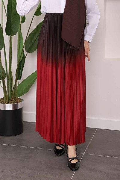 İmajButik Long Claret Red Skirt - Pleated and Color Detailed