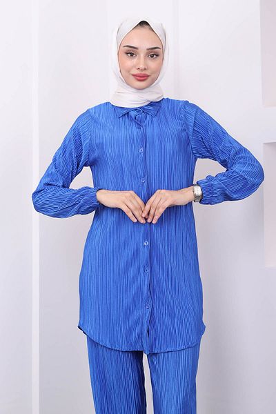 İmajButik طقم تونيك وبنطلون أزرق مطوي من ساكس - أكمام مطاطية