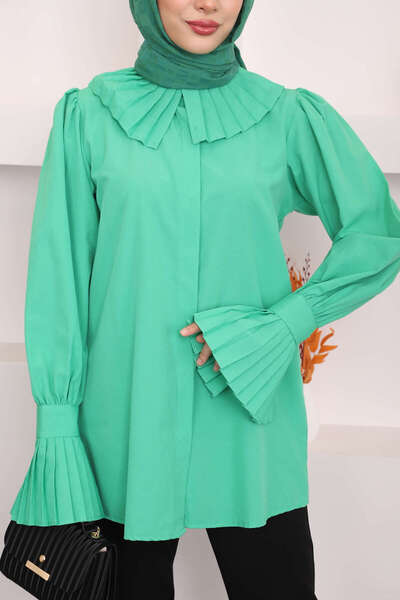 İmajButik Πράσινο πουκάμισο Tericoton - Σχέδιο με πλισέ μανίκια